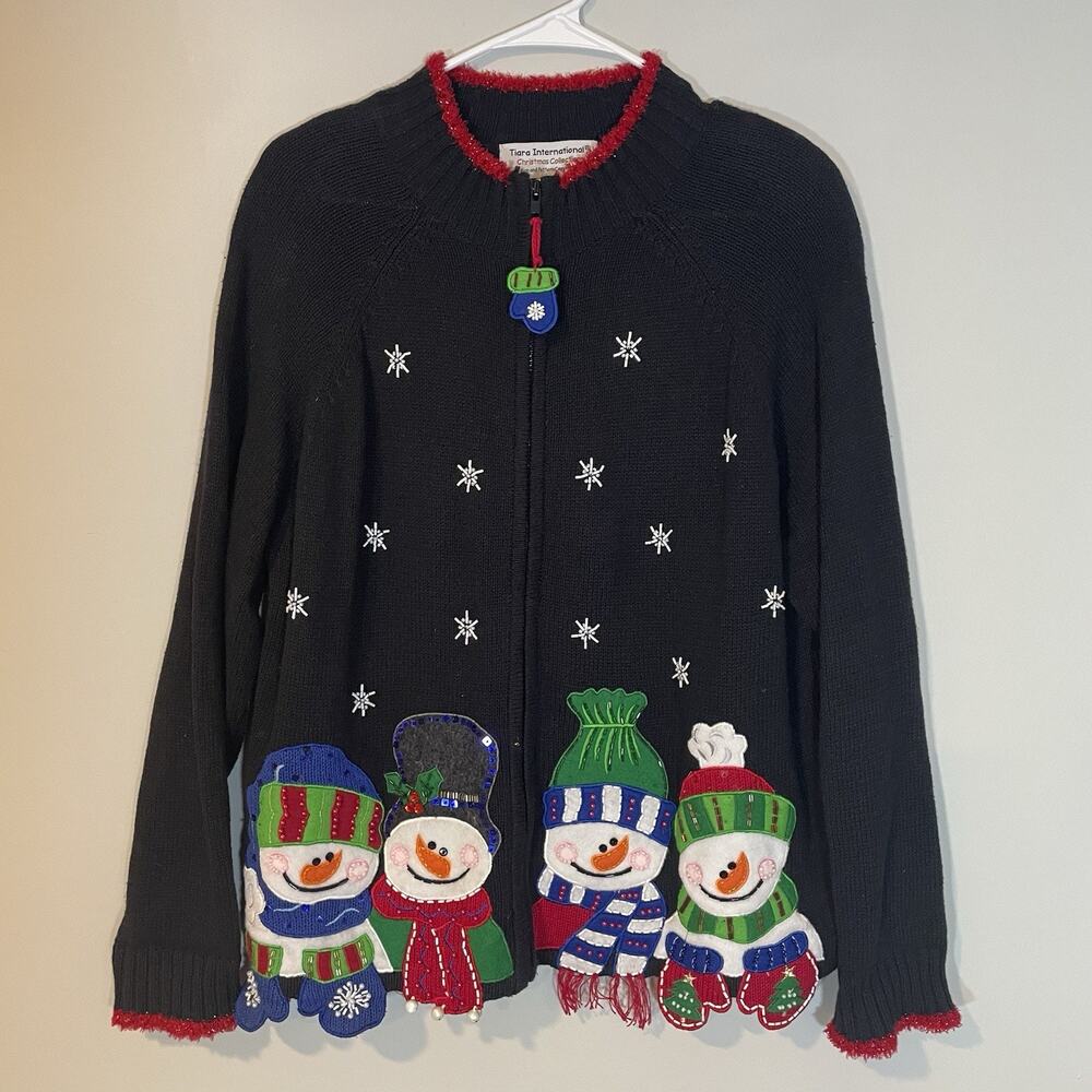 Tiara International Christmas‎ Sweater Womens M Black Snowmen Cardigan Full Zip